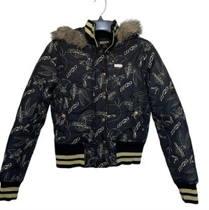 Stylish Black Crop Puff Bomer Y2K Womens Small Vintage Jacket with Fur Trim